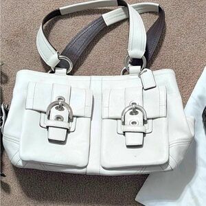 Coach White Women’s Leather Tote Bag with Front Buckle Pockets
